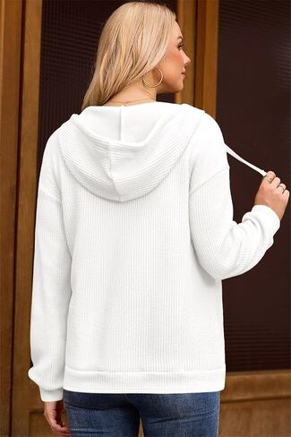 Dokotoo Womens Hoodies Oversized Sweatshirts Ribbed Knit Long Sleeve Drawstring V Neck Casual Pullover Sweatshirt Hooded Tops in Saudi Arabia