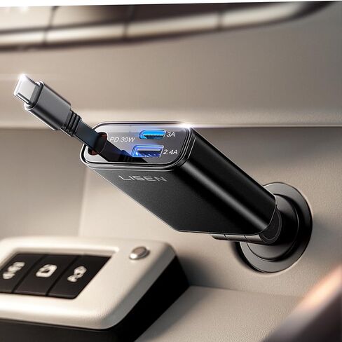 LISEN Retractable Car Charger USB C Fast Charging,【75% Less Space,Ultra Mini】57W Fast Car Charger Retractable for iPhone 16e 16 15 Pro Max Plus，Samsung Galaxy S25 S24 Ultra Plus，Android，USB C Devices in Kuwait