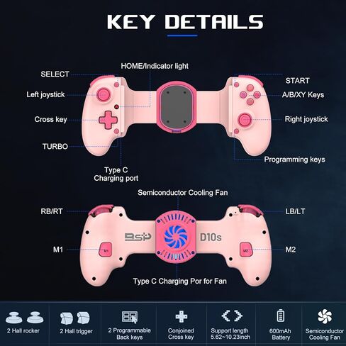 arVin Mobile Gaming Controller for iPhone/iPad/Android/Tablet/PC/Switch/PS4, Wireless Gamepad with RGB Cooler/Hall Effect Sensing Joystick/Turbo/Back Key,for Xbox Game Pass/PS Remote Play/Steam Link in Saudi Arabia