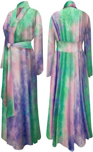Plus Size Soft Brushed & Rayon Tie Dye Retro 1930-40's Dressing Hostess Gown Robe with Attached Belt in Kuwait