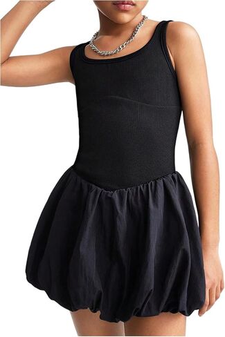 SHENHE Girl's Bubble Dress Scoop Neck Sleeveless Ribbed Knit Puffy Cute Tank Dress in Saudi Arabia