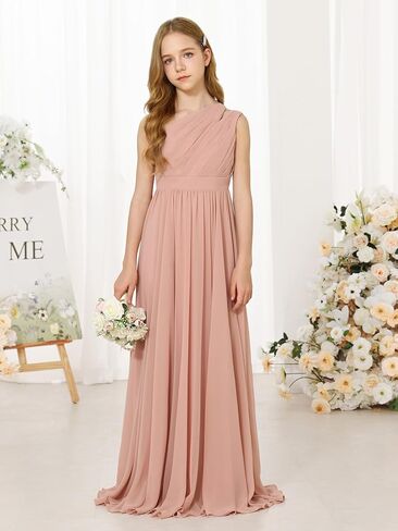 MCieloLuna Girls Chiffon Wedding Bridesmaid Dress One Shoulder A-Line Flower Girl Dresses Formal Evening Party Maxi Gown in Kuwait