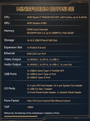 اللوحة الأم MINISFORUM BD790i، AMD Ryzen 9 7945HX Onboard، 16C/32T، حتى 5.4 جيجا هرتز، فتحة PCIe 5.0 x16، دعم PCIe5.0 M.2 مزدوج، DDR5، HDMI/DP/USB-C، RJ45 2.5G، USB 3.2 Gen 2، واي فاي 6E in Kuwait