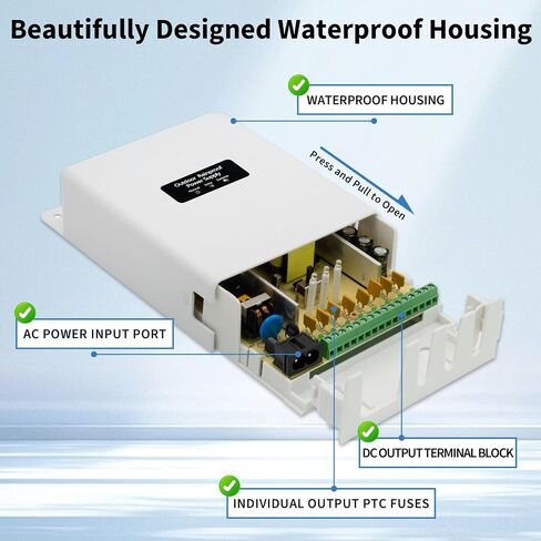 Outdoor Waterproof 5A 4 Channel 12V Power Supply Adapter - Adjustable to 13.8V & 15V to Prevent Voltage Attenuation, AC in 100-240V 50-60Hz for CCTV Cameras, IP, PTZ Systems, IR Illuminators in Kuwait