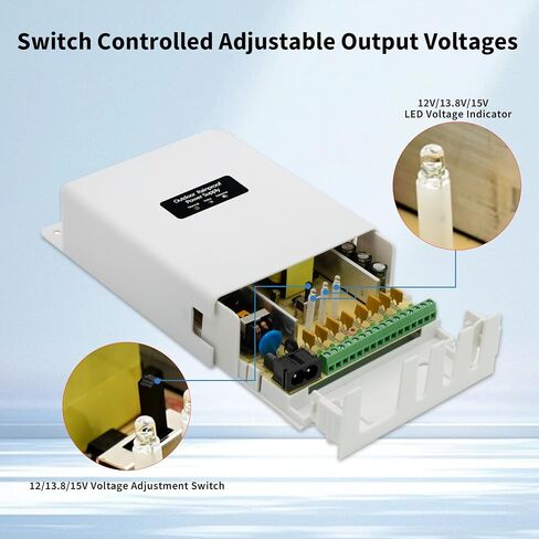Outdoor Waterproof 5A 4 Channel 12V Power Supply Adapter - Adjustable to 13.8V & 15V to Prevent Voltage Attenuation, AC in 100-240V 50-60Hz for CCTV Cameras, IP, PTZ Systems, IR Illuminators in Kuwait