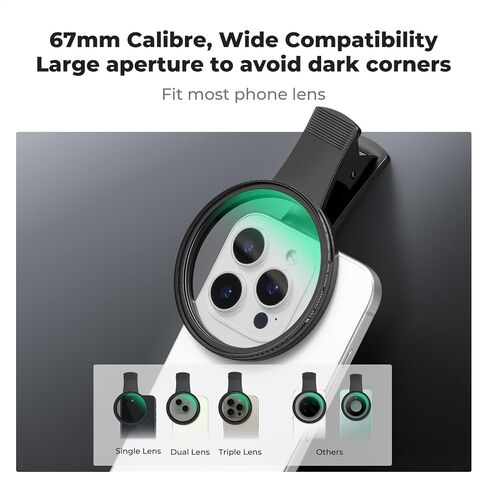 K&F Concept 67mm Clip-on Black Diffusion 1/4&CPL Phone Camera Lens Filter Kit, Mist Cinematic Effect Filter Compatible with iPhone 16 15 14 13 12 11, for Video/Vlog/Portrait Photography in Kuwait