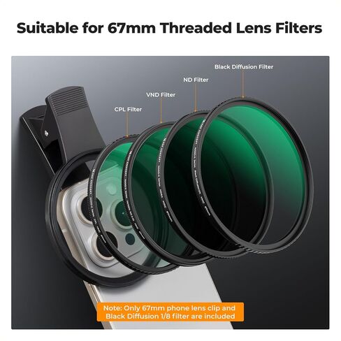 K&F Concept 67mm Clip-on Black Diffusion 1/4&CPL Phone Camera Lens Filter Kit, Mist Cinematic Effect Filter Compatible with iPhone 16 15 14 13 12 11, for Video/Vlog/Portrait Photography in Kuwait