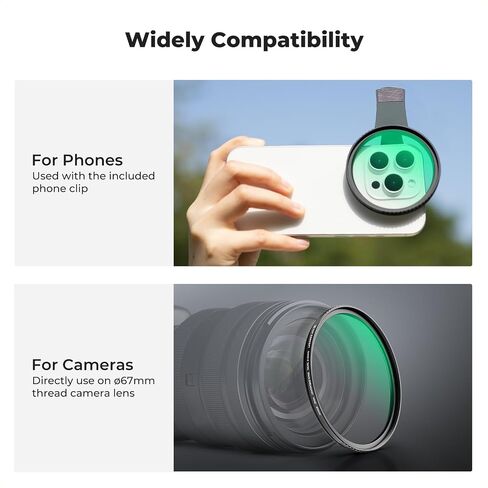 K&F Concept 67mm Clip-on Black Diffusion 1/4&CPL Phone Camera Lens Filter Kit, Mist Cinematic Effect Filter Compatible with iPhone 16 15 14 13 12 11, for Video/Vlog/Portrait Photography in Kuwait