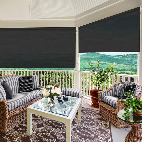 ZY Blinds Outdoor Cordless Roller Shades, Windproof Light Filtering Black Solar Fabric Window Blinds, Custom Sunlight Protection Shades for Window, Deck, Porch, Balcony, Backyard in Saudi Arabia