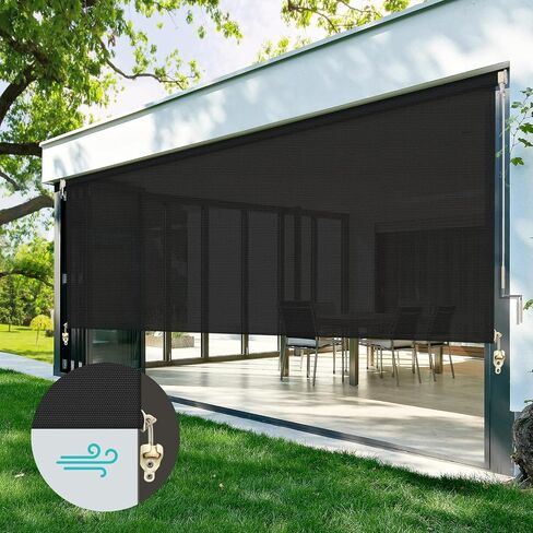 ZY Blinds Outdoor Cordless Roller Shades, Windproof Light Filtering Black Solar Fabric Window Blinds, Custom Sunlight Protection Shades for Window, Deck, Porch, Balcony, Backyard in Saudi Arabia