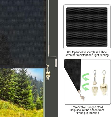 ZY Blinds Outdoor Cordless Roller Shades, Windproof Light Filtering Black Solar Fabric Window Blinds, Custom Sunlight Protection Shades for Window, Deck, Porch, Balcony, Backyard in Saudi Arabia