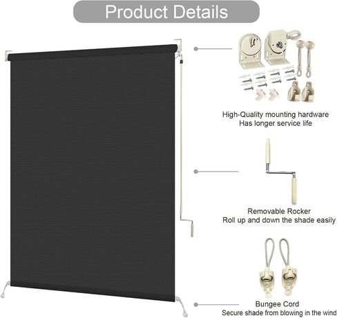 ZY Blinds Outdoor Cordless Roller Shades, Windproof Light Filtering Black Solar Fabric Window Blinds, Custom Sunlight Protection Shades for Window, Deck, Porch, Balcony, Backyard in Saudi Arabia