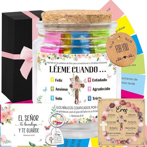 بوزيدول الإسبانية الكتاب المقدس جرة ، leeme cuando te sientas versículos en español ، tarro de versículos bíblicos en español ، هدايا مسيحية للنساء مع سوار ، سلسلة مفاتيح ، شريط وترحيب بطاقة in Kuwait
