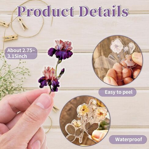 Natural Flower Stickers for Scrapbooking,PET Nature Plant Stickers Floral Stickers Vintage Craft Sticker,Colorful Small Flower Sticker for Journaling Scrapbooking Clear Flower Decal (Style E) in Kuwait
