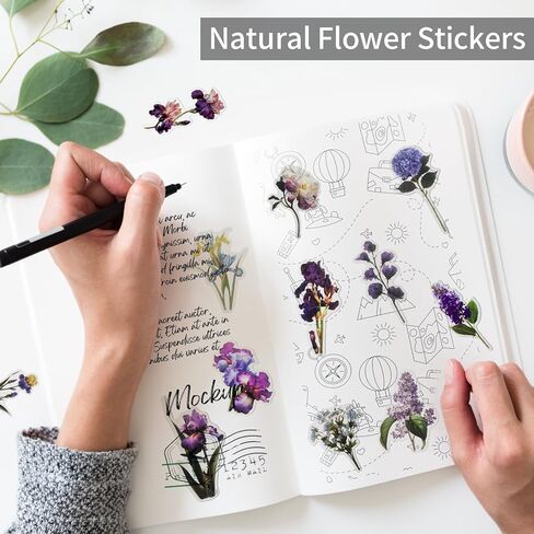Natural Flower Stickers for Scrapbooking,PET Nature Plant Stickers Floral Stickers Vintage Craft Sticker,Colorful Small Flower Sticker for Journaling Scrapbooking Clear Flower Decal (Style E) in Kuwait