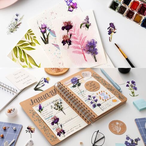 Natural Flower Stickers for Scrapbooking,PET Nature Plant Stickers Floral Stickers Vintage Craft Sticker,Colorful Small Flower Sticker for Journaling Scrapbooking Clear Flower Decal (Style E) in Kuwait