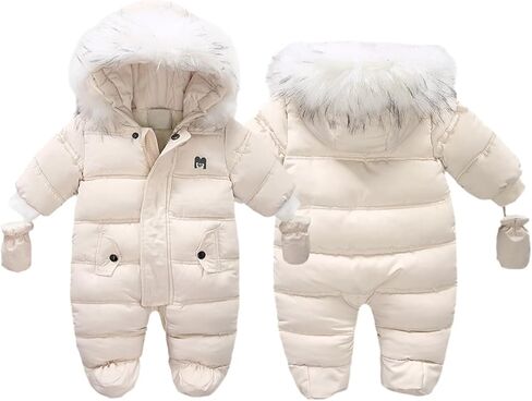 BYFRI Baby Boys Girls Snowsuit with Gloves Toddler Winter Hooded Footie Infant Warm Jumpsuit Outerwer Thick Newborn Coat in Saudi Arabia