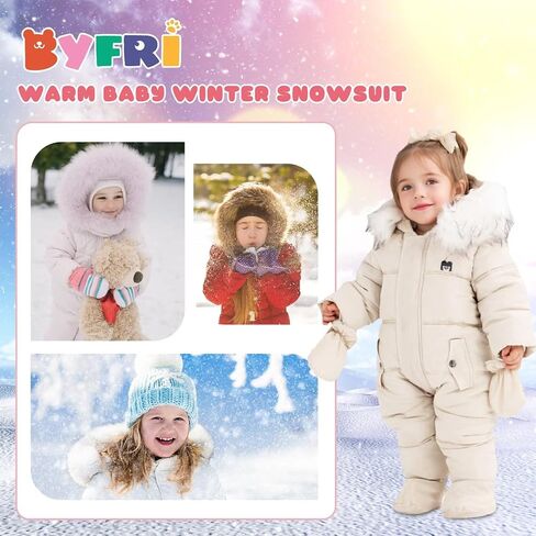 BYFRI Baby Boys Girls Snowsuit with Gloves Toddler Winter Hooded Footie Infant Warm Jumpsuit Outerwer Thick Newborn Coat in Saudi Arabia