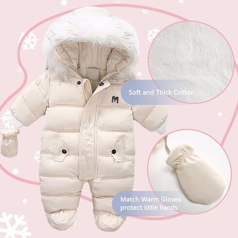 BYFRI Baby Boys Girls Snowsuit with Gloves Toddler Winter Hooded Footie Infant Warm Jumpsuit Outerwer Thick Newborn Coat in Saudi Arabia