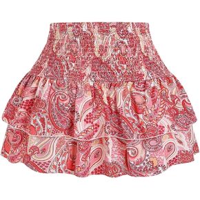 Gorglitter نساء Paisley Print Boho Mini Skirt Shirred High Leisted Cheered Chiperts in Kuwait