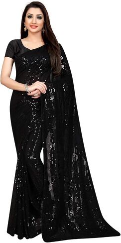 Indian Decor & Attire Bollywood Style Sarees Georgette with Heavy Sequence Work Saree with Unstitched Blouse for Party wear (Black) in Saudi Arabia