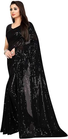 Indian Decor & Attire Bollywood Style Sarees Georgette with Heavy Sequence Work Saree with Unstitched Blouse for Party wear (Black) in Saudi Arabia