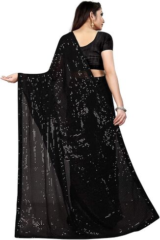 Indian Decor & Attire Bollywood Style Sarees Georgette with Heavy Sequence Work Saree with Unstitched Blouse for Party wear (Black) in Saudi Arabia