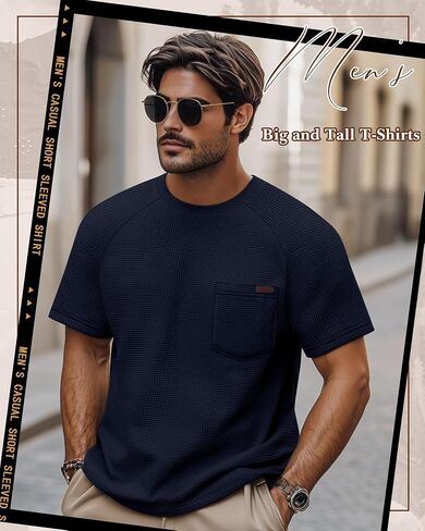 Ficerd 3 Pack Men's Waffle T-Shirts Plus Size Crew Neck Short Sleeve Tees Casual Summer Knit Shirts with Pocket in Saudi Arabia