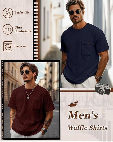 Ficerd 3 Pack Men's Waffle T-Shirts Plus Size Crew Neck Short Sleeve Tees Casual Summer Knit Shirts with Pocket in Saudi Arabia