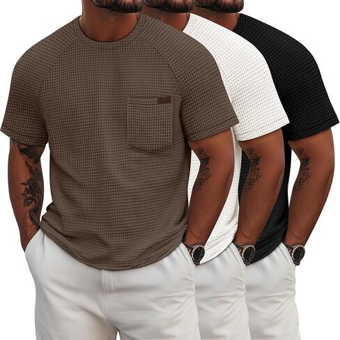 Ficerd 3 Pack Men's Waffle T-Shirts Plus Size Crew Neck Short Sleeve Tees Casual Summer Knit Shirts with Pocket in Saudi Arabia
