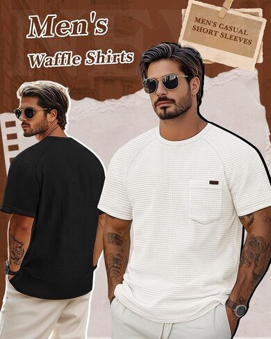 Ficerd 3 Pack Men's Waffle T-Shirts Plus Size Crew Neck Short Sleeve Tees Casual Summer Knit Shirts with Pocket in Saudi Arabia