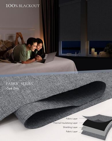 الستائر الآلية المتوافقة مع Alexa Google 100 ٪ Blackout Smart Blind Window Window Shades Remote التحكم عن بُعد الحجم المخصص النسيج الداكن الرمادي in Kuwait