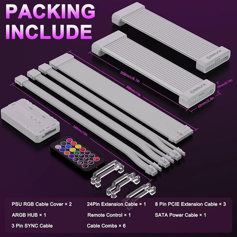 Sirlyr RGB PSU Cables Set with Lighting Panels and 24 Pin Motherboard,2× 8 Pin GPU PC Power Supply Extension Cable Mod - Upgrade 120 LEDs 6 Light Strips with Wireless ARGB Control in Kuwait