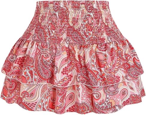 Gorglitter نساء Paisley Print Boho Mini Skirt Shirred High Leisted Cheered Chiperts in Kuwait