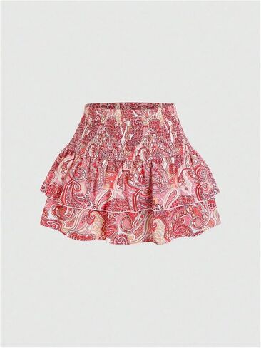 Gorglitter نساء Paisley Print Boho Mini Skirt Shirred High Leisted Cheered Chiperts in Kuwait