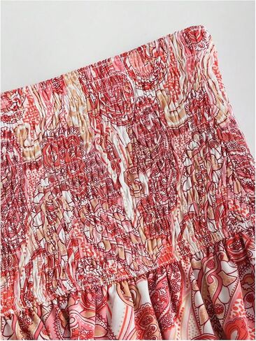 Gorglitter نساء Paisley Print Boho Mini Skirt Shirred High Leisted Cheered Chiperts in Kuwait