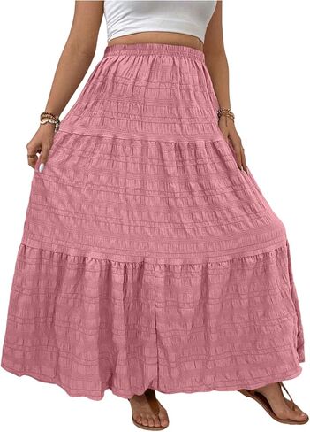 Makemechic Women's Plus Summer Summer Maxi Skirt Tiered Tier Flowy Long Long Varts in Kuwait