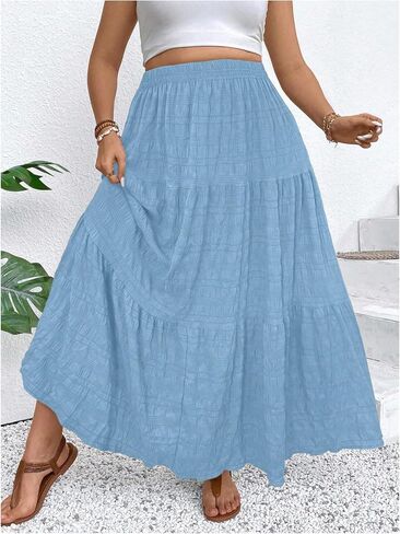 Makemechic Women's Plus Summer Summer Maxi Skirt Tiered Tier Flowy Long Long Varts in Kuwait