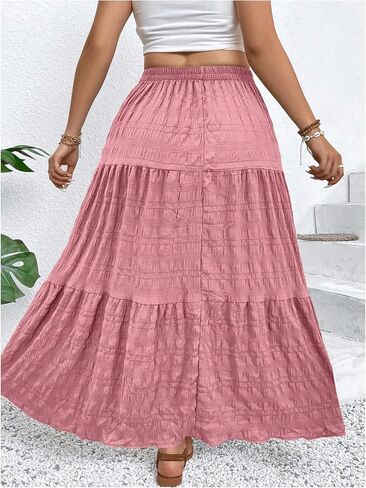 Makemechic Women's Plus Summer Summer Maxi Skirt Tiered Tier Flowy Long Long Varts in Kuwait