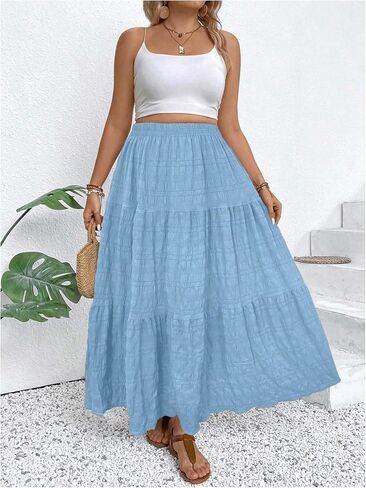Makemechic Women's Plus Summer Summer Maxi Skirt Tiered Tier Flowy Long Long Varts in Kuwait