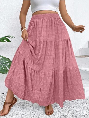Makemechic Women's Plus Summer Summer Maxi Skirt Tiered Tier Flowy Long Long Varts in Kuwait