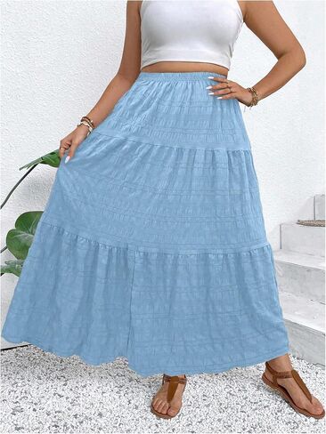Makemechic Women's Plus Summer Summer Maxi Skirt Tiered Tier Flowy Long Long Varts in Kuwait