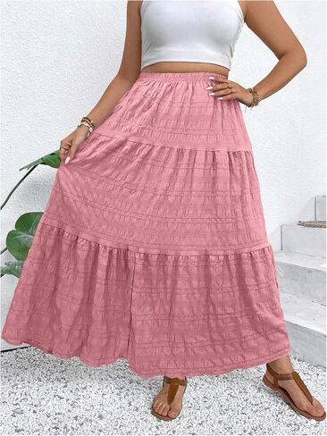 Makemechic Women's Plus Summer Summer Maxi Skirt Tiered Tier Flowy Long Long Varts in Kuwait