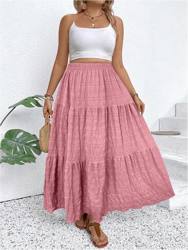 Makemechic Women's Plus Summer Summer Maxi Skirt Tiered Tier Flowy Long Long Varts in Kuwait