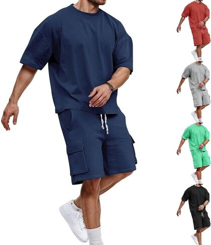 Men Outfits 2 Piece Fashion Casual Summer Drop Shoulder Oversize Tee Shirt Shorts Set Athletic Jogging Tracksuit in Saudi Arabia