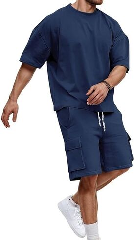 Men Outfits 2 Piece Fashion Casual Summer Drop Shoulder Oversize Tee Shirt Shorts Set Athletic Jogging Tracksuit in Saudi Arabia