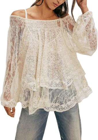 Women Sexy Lace Off Shoulder Top Long Puff Sleeve Tiered Sheer Mesh See Through Tunic Shirt Retro Y2K Dressy Blouse in Saudi Arabia