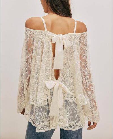 Women Sexy Lace Off Shoulder Top Long Puff Sleeve Tiered Sheer Mesh See Through Tunic Shirt Retro Y2K Dressy Blouse in Saudi Arabia