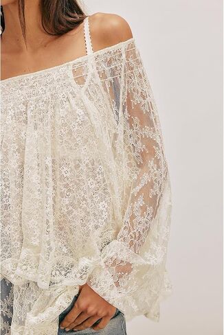Women Sexy Lace Off Shoulder Top Long Puff Sleeve Tiered Sheer Mesh See Through Tunic Shirt Retro Y2K Dressy Blouse in Saudi Arabia