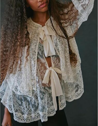 Women Sexy Lace Off Shoulder Top Long Puff Sleeve Tiered Sheer Mesh See Through Tunic Shirt Retro Y2K Dressy Blouse in Saudi Arabia